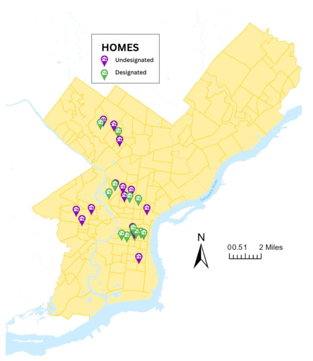 Map 1: Designation Status. This map denotes whether a sampled home has received “designation” and is included in the Register of Historic Places.