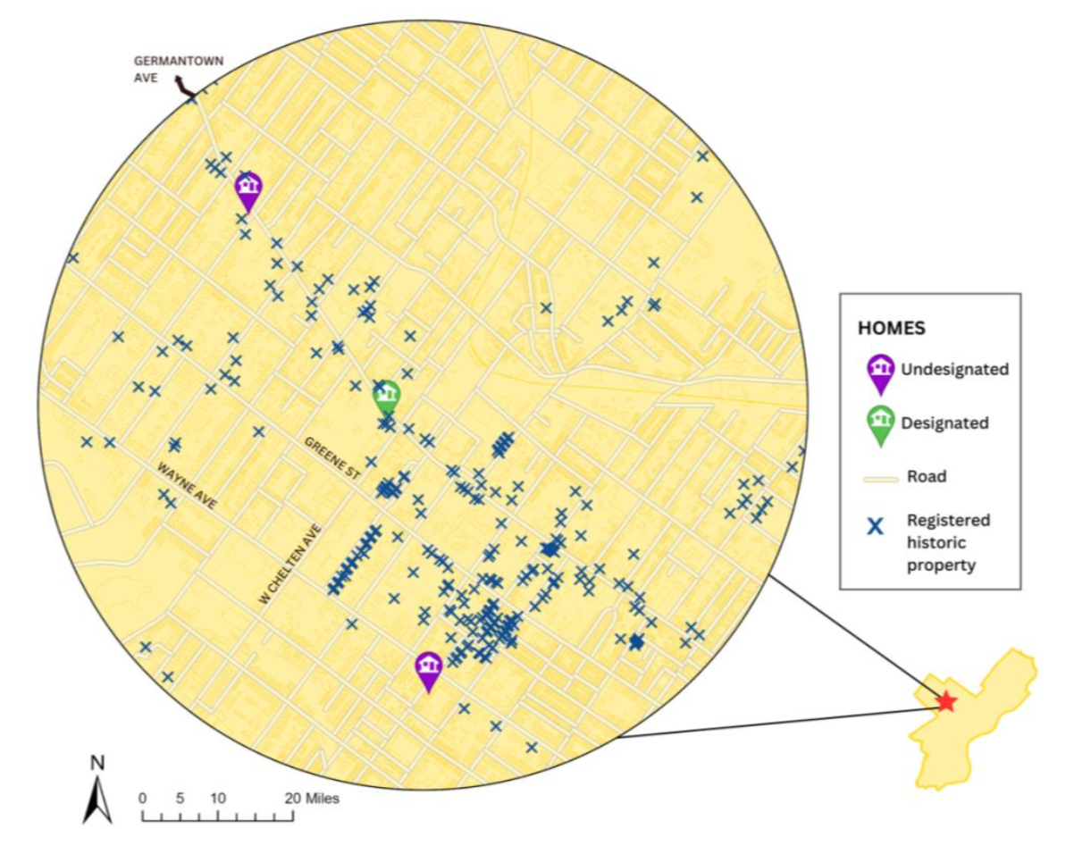 Map 2: Undesignated Homes near Clusters. A map illustrating the location of undesignated homes surrounded by designated properties in Northwest|Germantown.